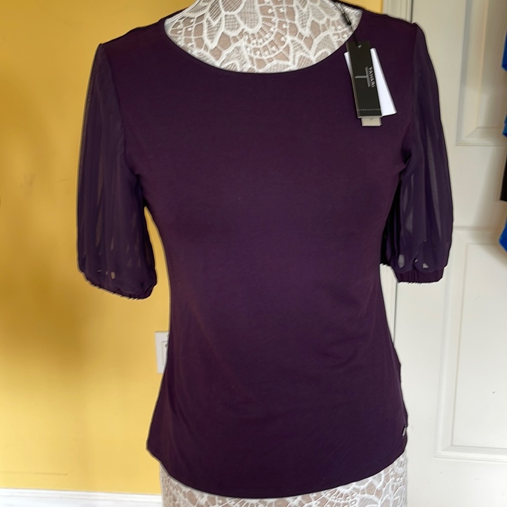 Tahari beautiful top with sheer plated shirt sleeves